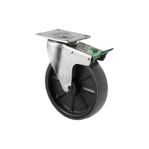 450kg Rated Industrial Stainless Steel Polyurethane Castor - Nylon Tyre- 200mm - Plate Direction Lock - Roller Bearing - NA