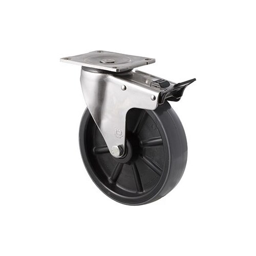 450kg Rated Industrial Stainless Steel Polyurethane Castor - Nylon Tyre- 200mm - Plate Brake - Roller Bearing - NA