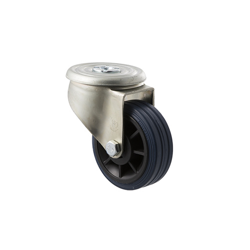 150kg Rated Industrial High Resilience Castor - Rubber Tyre - 100mm - Bolt Hole Swivel - Plain Bearing