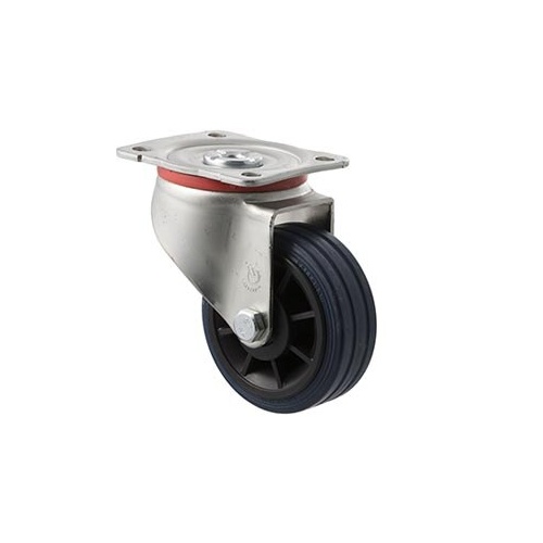 150kg Rated Industrial High Resilience Castor - Rubber Tyre - 100mm - Plate Swivel - Plain Bearing