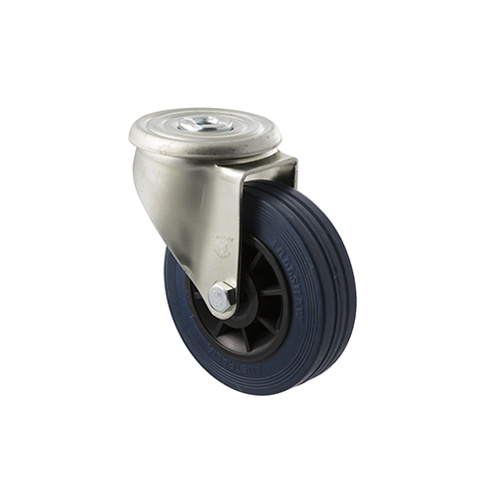 180kg Rated Industrial High Resilience Castor - Rubber Tyre - 125mm - Bolt Hole Swivel - Plain Bearing