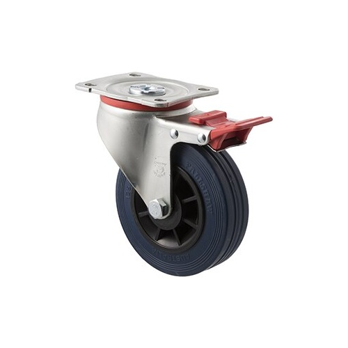 180kg Rated Industrial High Resilience Castor - Rubber Tyre - 125mm - Plate Brake - Plain Bearing