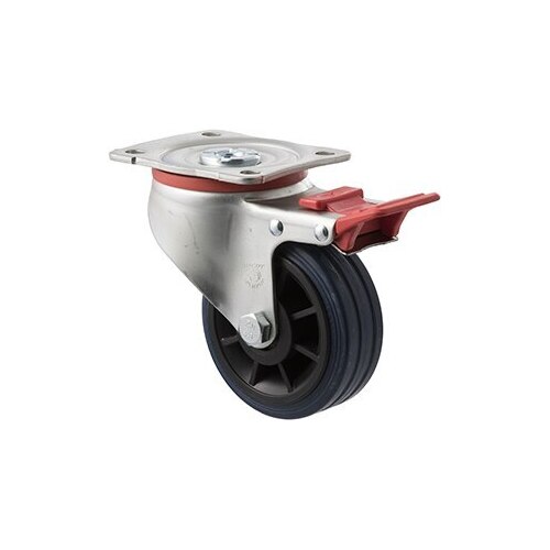 150kg Rated Industrial High Resilience Castor - Rubber Tyre - 100mm - Plate Brake - Roller Bearing