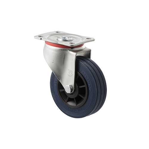 180kg Rated Industrial High Resilience Castor - Rubber Tyre - 125mm - Plate Swivel - Roller Bearing