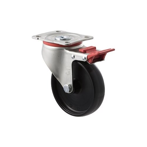 300kg Rated Industrial Castors - Nylon Wheel - 125mm - Plate Brake - Roller Bearing