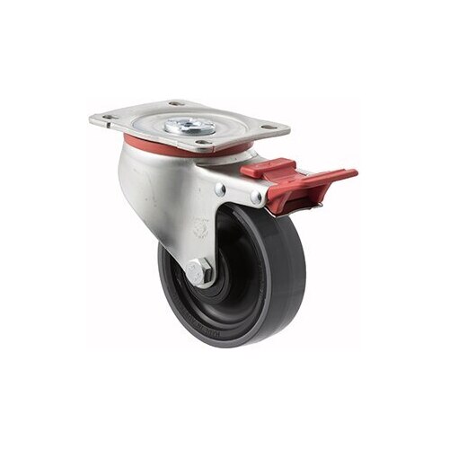 300kg Rated Industrial Castors - Polyurethene Wheel - 100mm - Plate Brake - Plain Bearing