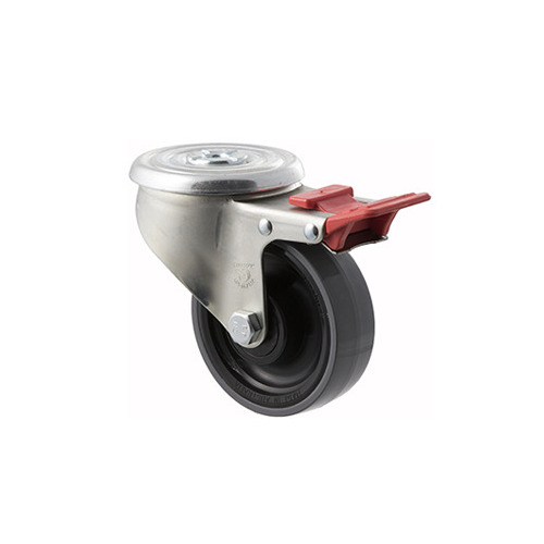 300kg Rated Industrial Castors - Polyurethene Wheel - 100mm - Bolt Hole Brake - Roller Bearing