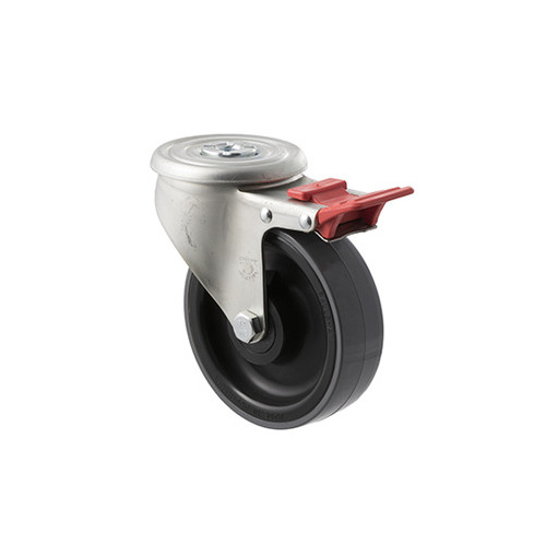 300kg Rated Industrial Castors - Polyurethene Wheel - 125mm - Bolt Hole Brake - Roller Bearing
