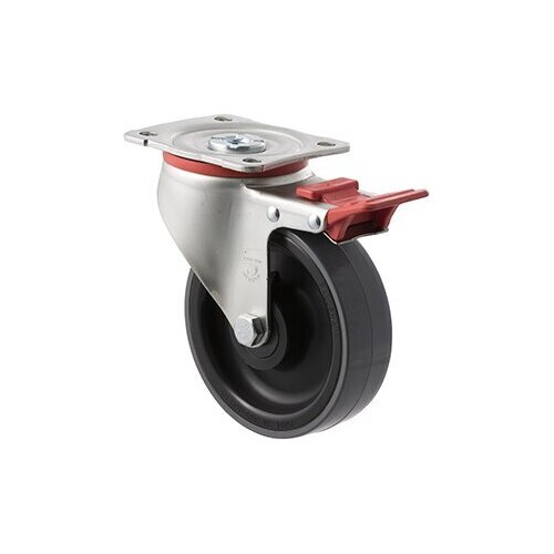 300kg Rated Industrial Castors - Polyurethene Wheel - 125mm - Plate Brake - Roller Bearing