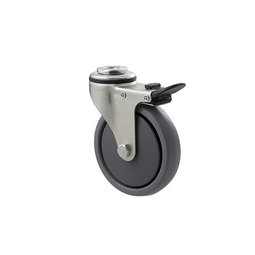 50kg Rated Light Duty Castor - TPE Wheel - 100mm - Bolt Hole Brake - Plain Bearing