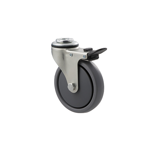 50kg Rated Light Duty Castor - TPE Wheel - 100mm - Bolt Hole Brake - Ball Bearing