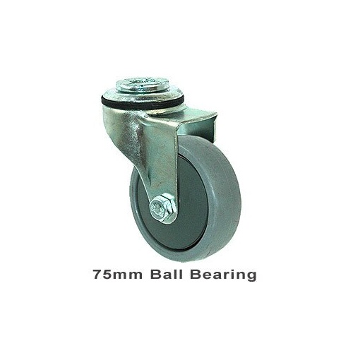 50kg Rated Light Duty Castor - TPE Wheel - 75mm - Bolt Hole Swivel - Ball Bearing