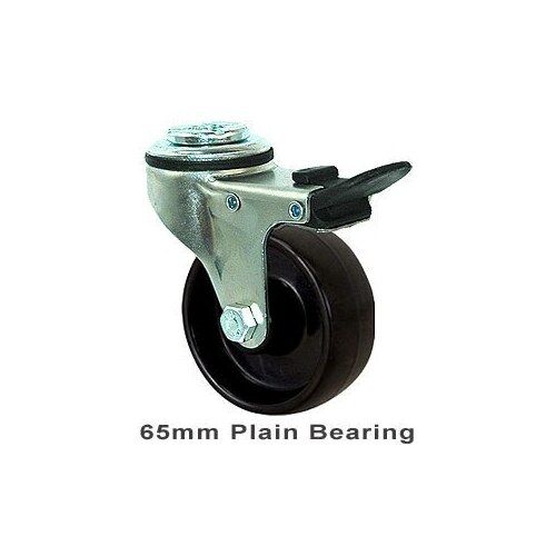 50kg Rated Light Duty Castor - Nylon Wheel - 65mm - Bolt Hole Brake - Plain Bearing