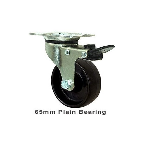 50kg Rated Light Duty Castor - Nylon Wheel - 65mm - Plate Brake - Plain Bearing
