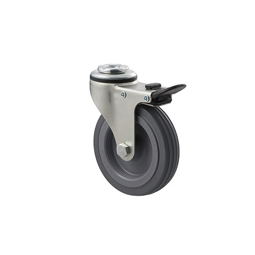 50kg Rated Light Duty Castor - Rubber Wheel - 100mm - Bolt Hole Brake - Plain Bearing