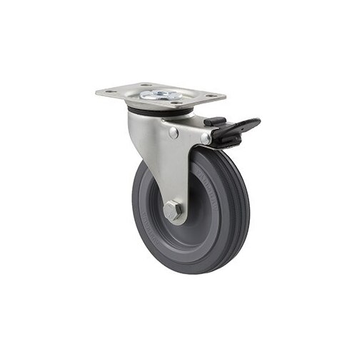 50kg Rated Light Duty Castor - Rubber Wheel - 100mm - Plate Brake - Plain Bearing