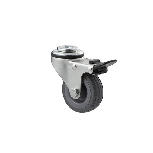 50kg Rated Light Duty Castor - Rubber Wheel - 65mm - Bolt Hole Brake - Plain Bearing