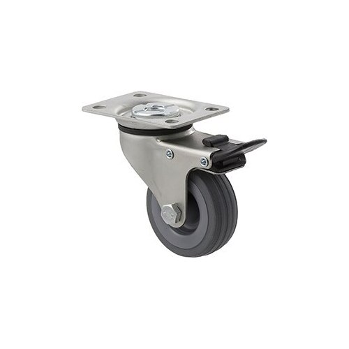 50kg Rated Light Duty Castor - Rubber Wheel - 65mm - Plate Brake - Plain Bearing
