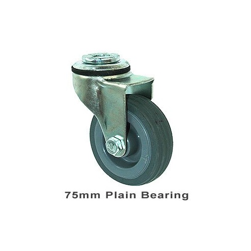 50kg Rated Light Duty Castor - Rubber Wheel - 75mm - Bolt Hole Swivel - Plain Bearing