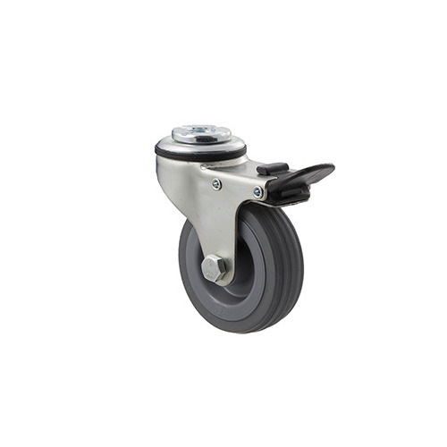 50kg Rated Light Duty Castor - Rubber Wheel - 75mm - Bolt Hole Brake - Plain Bearing