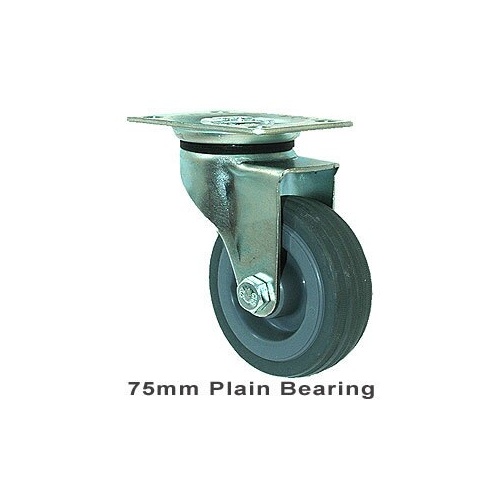 50kg Rated Light Duty Castor - Rubber Wheel - 75mm - Plate Swivel - Plain Bearing