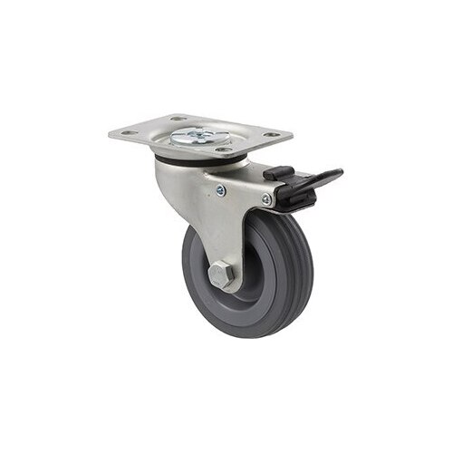 50kg Rated Light Duty Castor - Rubber Wheel - 75mm - Plate Brake - Plain Bearing
