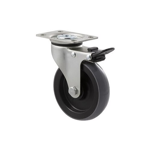 100kg Rated Industrial Castor - Polyurethane Wheel - 100mm - Plate Brake - Plain Bearing