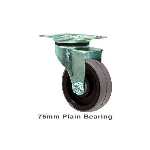 100kg Rated Industrial Castor - Polyurethane Wheel - 75mm - Plate Swivel - Plain Bearing