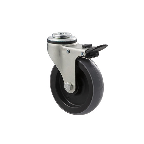 100kg Rated Industrial Castor - Polyurethane Wheel - 100mm - Bolt Hole Brake - Ball Bearing