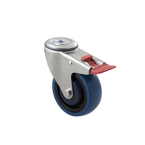 140kg Rated Industrial High Resilience Castor - Rubber Wheel - 100mm - Bolt Hole Brake - Ball Bearing