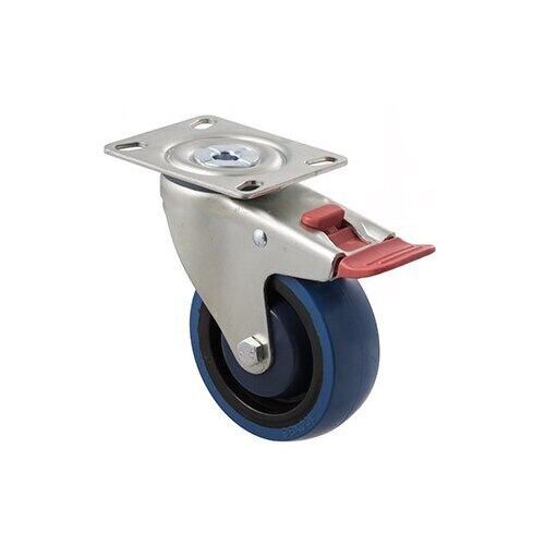 140kg Rated Industrial High Resilience Castor - Rubber Wheel - 100mm - Plate Brake - Ball Bearing - ISO