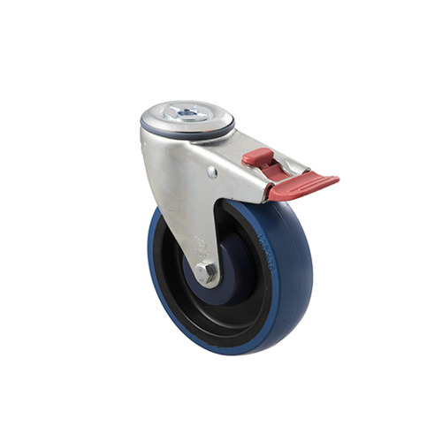 150kg Rated Industrial High Resilience Castor - Rubber Wheel- 125mm - Bolt Hole Brake - Ball Bearing