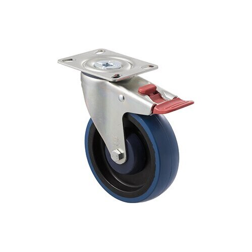 150kg Rated Industrial High Resilience Castor - Rubber Wheel- 125mm - Plate Brake - Ball Bearing - ISO