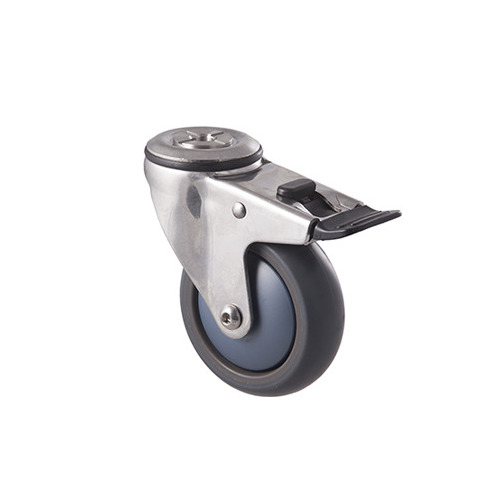 85kg Rated Stainless Steel Heavy Duty Castor - TPE Wheel - 100mm - Bolt Hole Brake - Ball Bearing