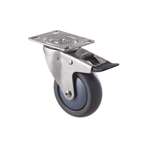 85kg Rated Stainless Steel Heavy Duty Castor - TPE Wheel - 100mm - Plate Brake - Ball Bearing - ISO
