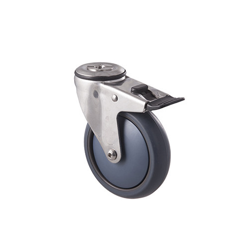 85kg Rated Stainless Steel Heavy Duty Castor - TPE Wheel - 125mm - Bolt Hole Brake - Ball Bearing
