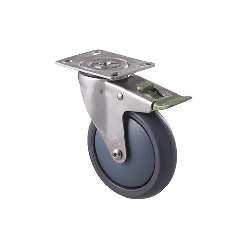 85kg Rated Stainless Steel Heavy Duty Castor - TPE Wheel - 125mm - Plate Direction Lock - Ball Bearing - ISO