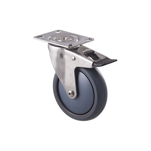 85kg Rated Stainless Steel Heavy Duty Castor - TPE Wheel - 125mm - Plate Brake - Ball Bearing - ISO