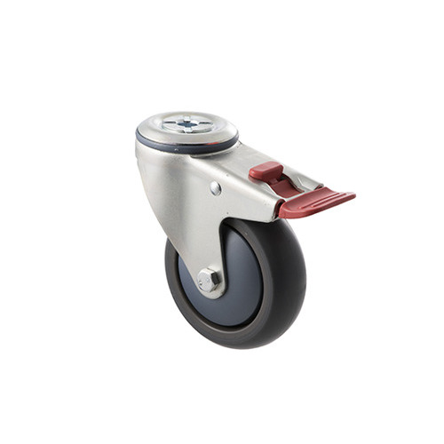85kg Rated Industrial Castor - TPE Wheel - 100mm - Bolt Hole Brake - Ball Bearing