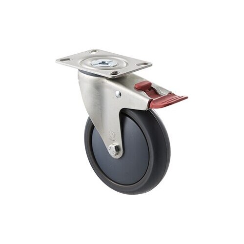85kg Rated Industrial Castor - TPE Wheel - 125mm - Plate Brake - Ball Bearing - ISO