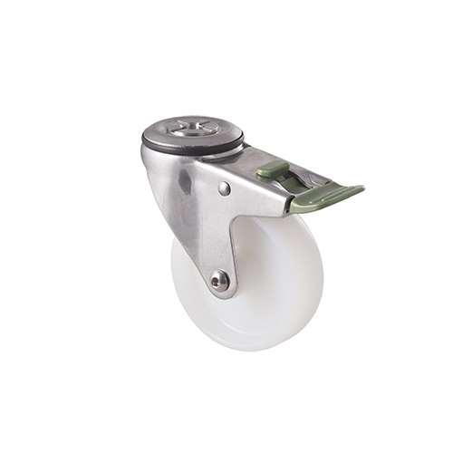 150kg Rated Stainless Steel Heavy Duty Castor - Nylon Wheel - 100mm - Bolt Hole Directional Lock - Plain Bearing