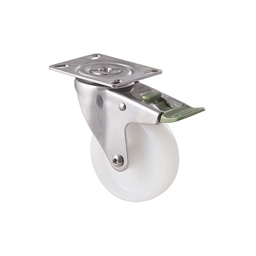 150kg Rated Stainless Steel Heavy Duty Castor - Nylon Wheel - 100mm - Plate Directional Lock - Plain Bearing - ISO
