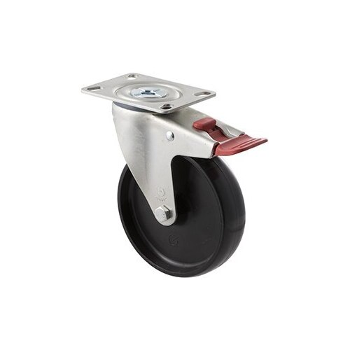150kg Rated Industrial Castor - Nylon Wheel - 125mm - Plate Brake - Plain Bearing - ISO