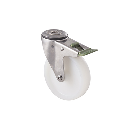 150kg Rated Stainless Steel Heavy Duty Castor - Nylon Wheel - 125mm - Bolt Hole Directional Lock - Plain Bearing