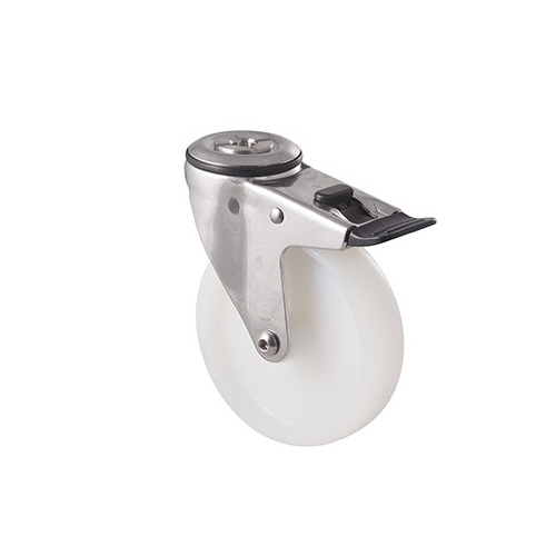 150kg Rated Stainless Steel Heavy Duty Castor - Nylon Wheel - 125mm - Bolt Hole Brake - Plain Bearing