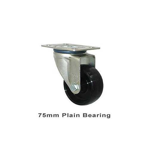 150kg Rated Industrial Castor - Nylon Wheel - 75mm - Plate Swivel - Plain Bearing - NA