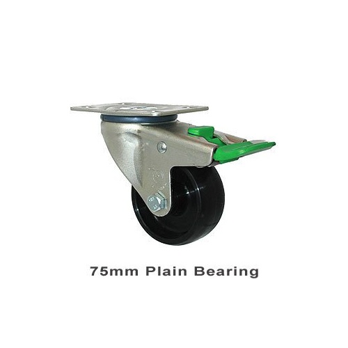 150kg Rated Industrial Castor - Nylon Wheel - 75mm - Plate Directional Lock - Plain Bearing - NA