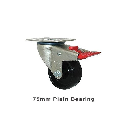 150kg Rated Industrial Castor - Nylon Wheel - 75mm - Plate Brake - Plain Bearing - ISO