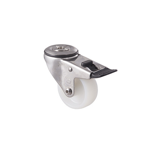 150kg Rated Stainless Steel Heavy Duty Castor - Nylon Wheel - 75mm - Bolt Hole Brake - Plain Bearing