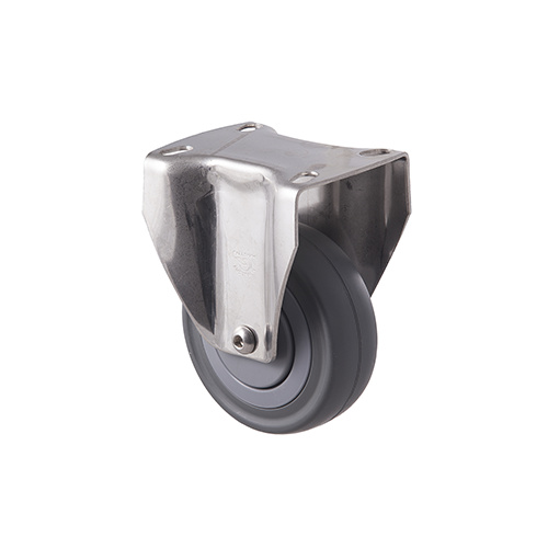 140kg Rated Stainless Steel Heavy Duty Castor - Grey Rubber Wheel - 100mm - Plate Fixed - Plain Bearing - ISO